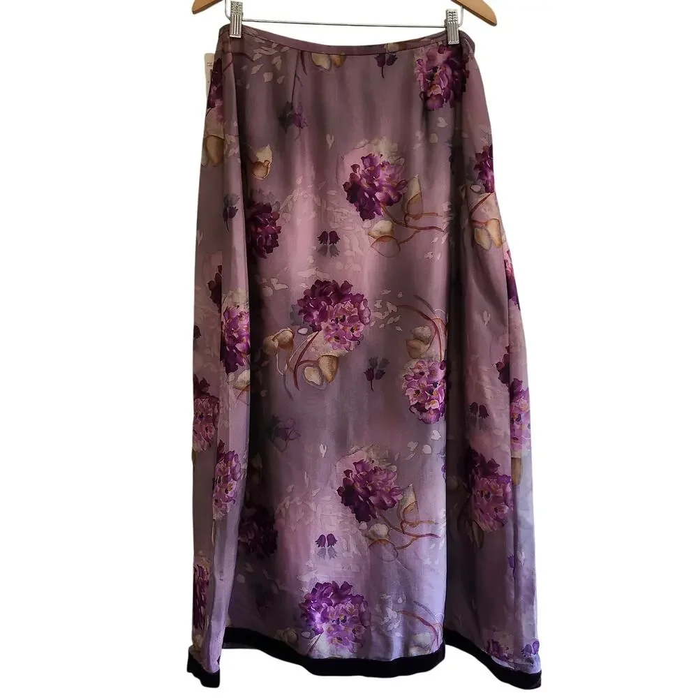 DANA B & Karen Vintage Purple Floral Silk Maxi Skirt with Velvet Hem Size 12